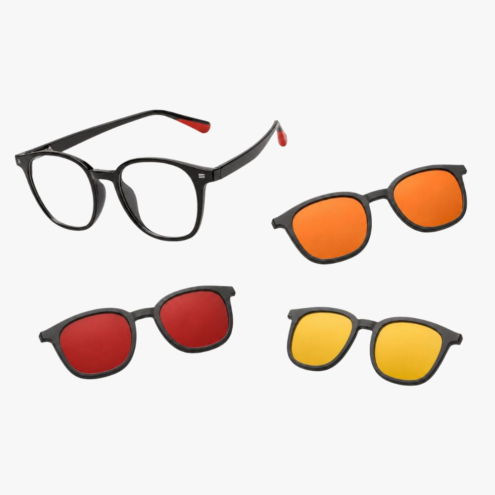 Clique Classic blue light blocking glasses with clear, yellow, orange and red magnetic clip-on lenses