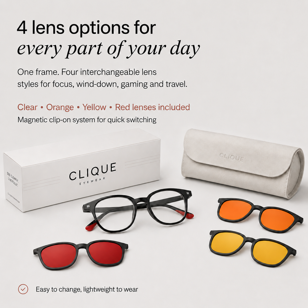 Clique glasses laid out with all four lenses and carry case