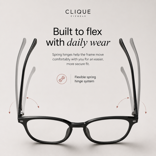 Close-up of the spring hinge on Clique Classic glasses