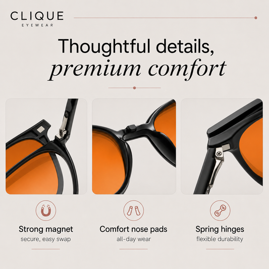 Clique Classic design features: magnetic clip-ons, soft nose pads and spring hinges