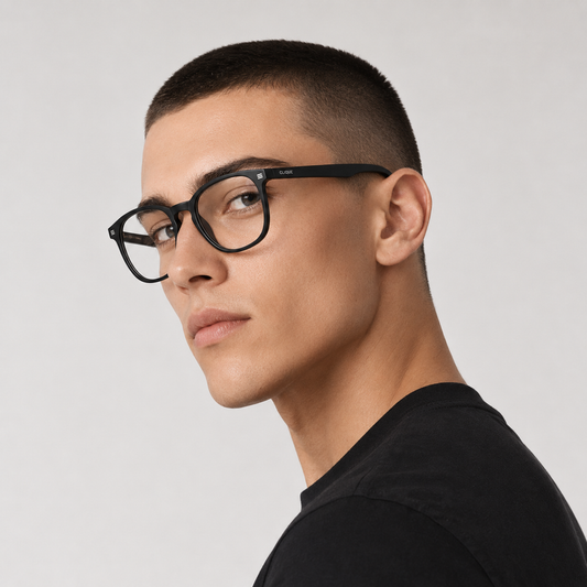 Man wearing clear-frame Clique blue light glasses