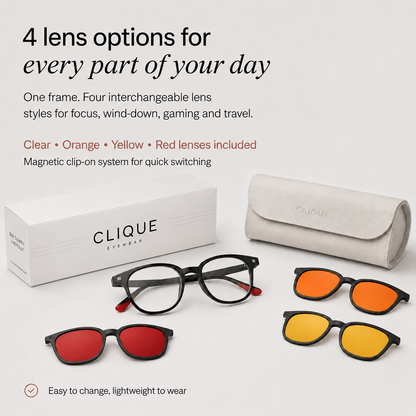 Clique Classic glasses laid out with all four lens clip-ons and protective carry case