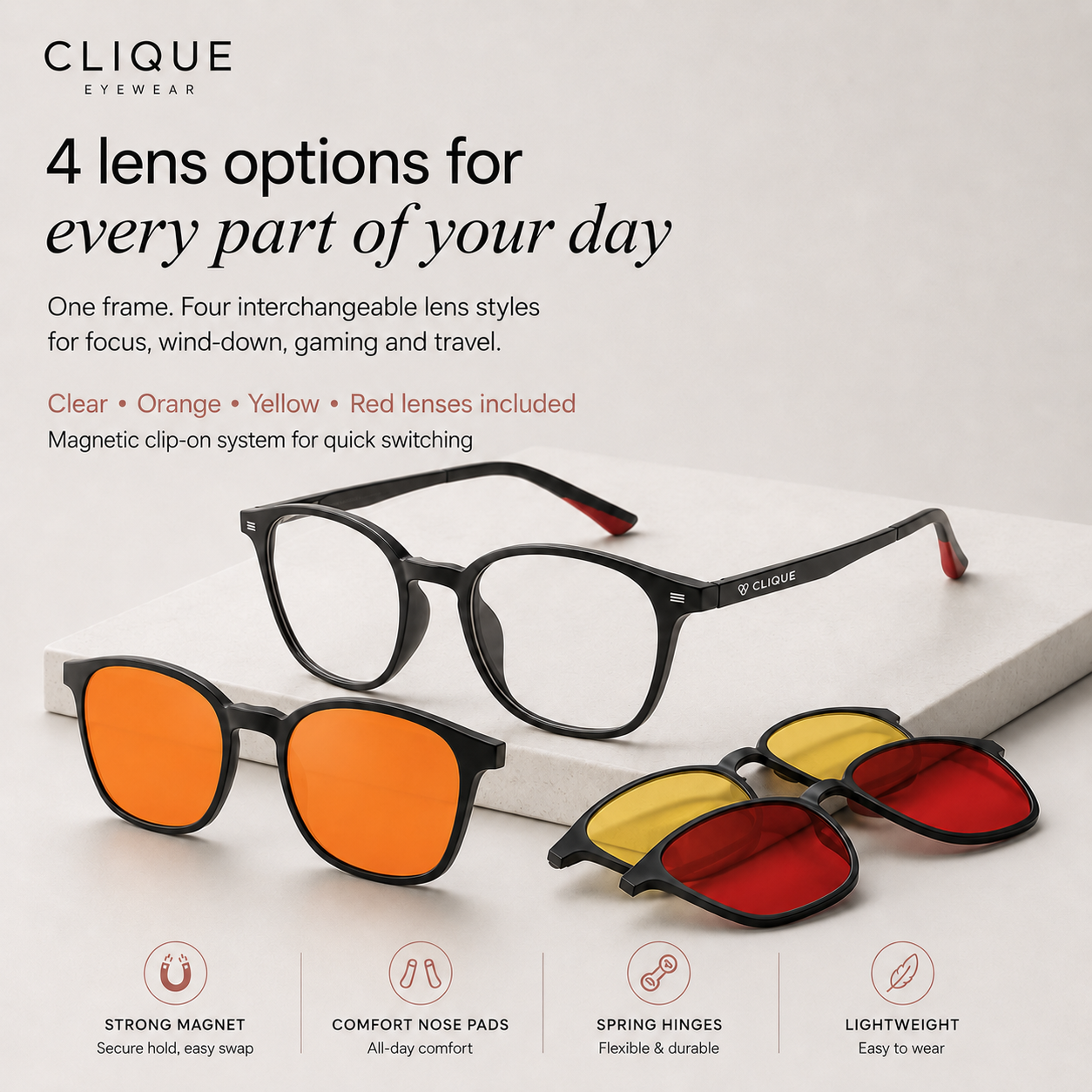 Four lens options for Clique Classic glasses — clear daytime lens plus yellow, orange and red magnetic clip-ons with feature icons