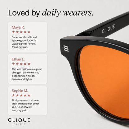 Customer reviews of Clique Classic blue light glasses — five-star testimonials from daily wearers