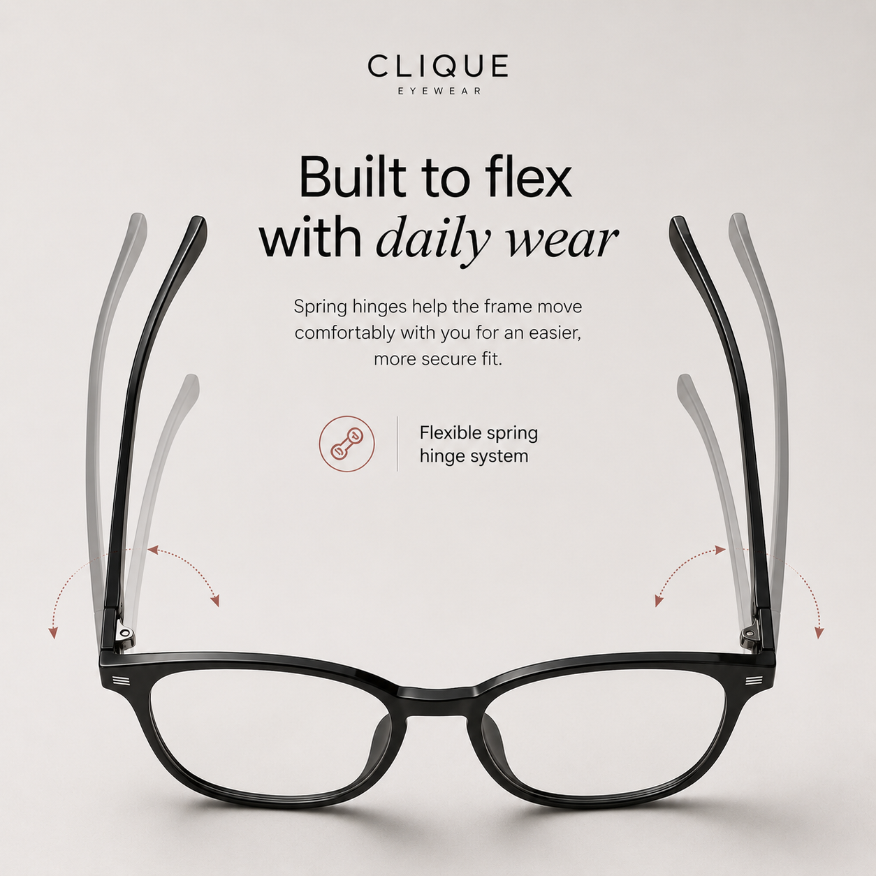 Close-up of the flexible spring-hinge arm on the Clique Classic glasses frame