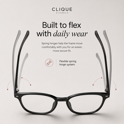 Close-up of the flexible spring-hinge arm on the Clique Classic glasses frame